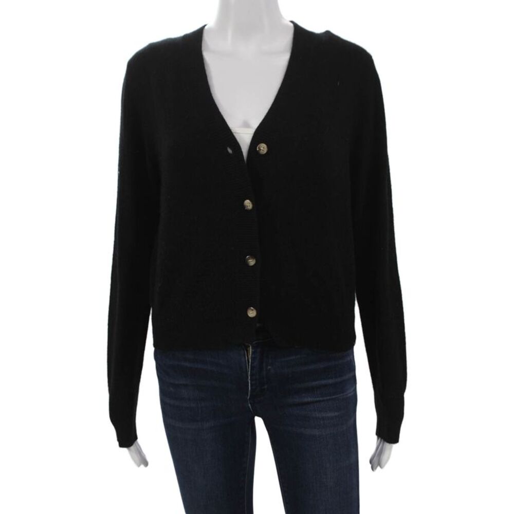 Jessie Liu Women Cardigan V-Neck Black Long Sleeve Merino Wool Size XS